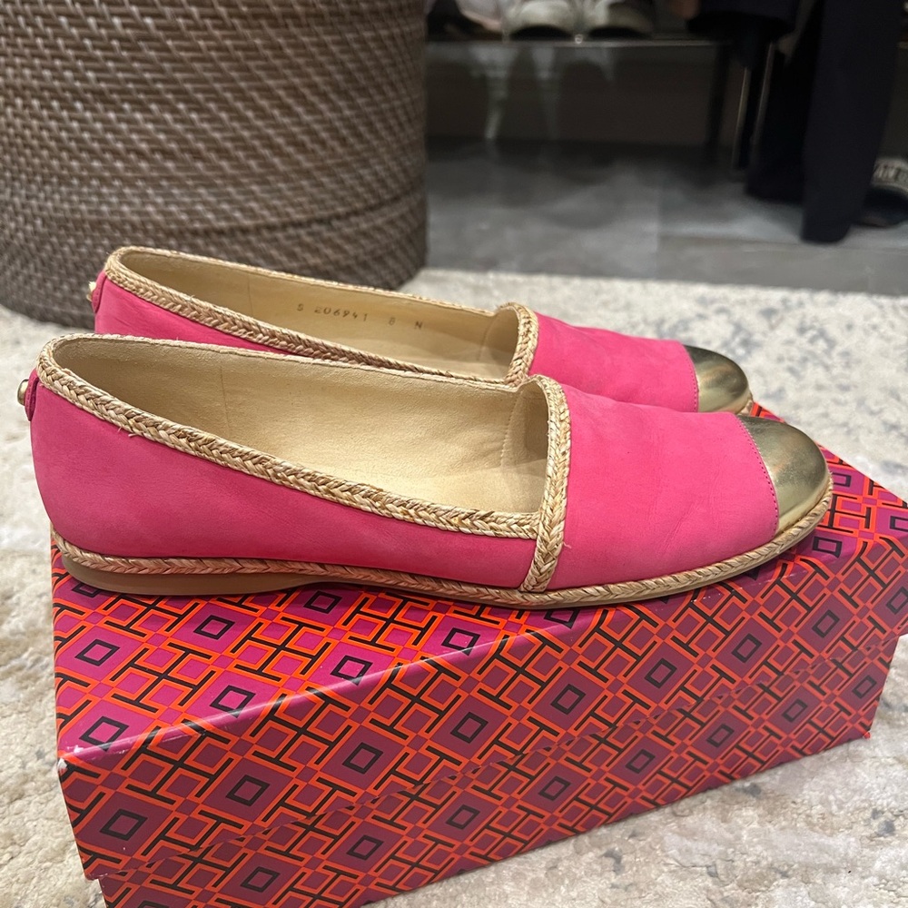 Stuart Weitzman Pink & Gold Mirror Cap Toe Espadrille Flats-Size 8